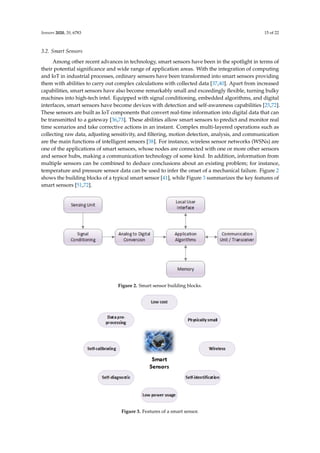 Sensors 2020, 20, 6783 15 of 22
3.2. Smart Sensors
Among other recent advances in technology, smart sensors have been in the spotlight in terms of
their potential significance and wide range of application areas. With the integration of computing
and IoT in industrial processes, ordinary sensors have been transformed into smart sensors providing
them with abilities to carry out complex calculations with collected data [37,40]. Apart from increased
capabilities, smart sensors have also become remarkably small and exceedingly flexible, turning bulky
machines into high-tech intel. Equipped with signal conditioning, embedded algorithms, and digital
interfaces, smart sensors have become devices with detection and self-awareness capabilities [25,72].
These sensors are built as IoT components that convert real-time information into digital data that can
be transmitted to a gateway [36,73]. These abilities allow smart sensors to predict and monitor real
time scenarios and take corrective actions in an instant. Complex multi-layered operations such as
collecting raw data, adjusting sensitivity, and filtering, motion detection, analysis, and communication
are the main functions of intelligent sensors [38]. For instance, wireless sensor networks (WSNs) are
one of the applications of smart sensors, whose nodes are connected with one or more other sensors
and sensor hubs, making a communication technology of some kind. In addition, information from
multiple sensors can be combined to deduce conclusions about an existing problem; for instance,
temperature and pressure sensor data can be used to infer the onset of a mechanical failure. Figure 2
shows the building blocks of a typical smart sensor [41], while Figure 3 summarizes the key features of
smart sensors [51,72].
Sensors 2020, 20, x FOR PEER REVIEW 18 of 25
3.2. Smart Sensors
Among other recent advances in technology, smart sensors have been in the spotlight in terms
of their potential significance and wide range of application areas. With the integration of computing
and IoT in industrial processes, ordinary sensors have been transformed into smart sensors providing
them with abilities to carry out complex calculations with collected data [37,40]. Apart from increased
capabilities, smart sensors have also become remarkably small and exceedingly flexible, turning
bulky machines into high-tech intel. Equipped with signal conditioning, embedded algorithms, and
digital interfaces, smart sensors have become devices with detection and self-awareness capabilities
[25,72]. These sensors are built as IoT components that convert real-time information into digital data
that can be transmitted to a gateway [36,73]. These abilities allow smart sensors to predict and
monitor real time scenarios and take corrective actions in an instant. Complex multi-layered
operations such as collecting raw data, adjusting sensitivity, and filtering, motion detection, analysis,
and communication are the main functions of intelligent sensors [38]. For instance, wireless sensor
networks (WSNs) are one of the applications of smart sensors, whose nodes are connected with one
or more other sensors and sensor hubs, making a communication technology of some kind. In
addition, information from multiple sensors can be combined to deduce conclusions about an existing
problem; for instance, temperature and pressure sensor data can be used to infer the onset of a
mechanical failure. Figure 2 shows the building blocks of a typical smart sensor [41], while Figure 3
summarizes the key features of smart sensors [51,72].
Figure 2. Smart sensor building blocks.
Figure 3. Features of a smart sensor.
Figure 2. Smart sensor building blocks.
Sensors 2020, 20, x FOR PEER REVIEW 17 of 25
3.2. Smart Sensors
Among other recent advances in technology, smart sensors have been in the spotlight in terms
of their potential significance and wide range of application areas. With the integration of computing
and IoT in industrial processes, ordinary sensors have been transformed into smart sensors providing
them with abilities to carry out complex calculations with collected data [37,40]. Apart from increased
capabilities, smart sensors have also become remarkably small and exceedingly flexible, turning
bulky machines into high-tech intel. Equipped with signal conditioning, embedded algorithms, and
digital interfaces, smart sensors have become devices with detection and self-awareness capabilities
[25,72]. These sensors are built as IoT components that convert real-time information into digital data
that can be transmitted to a gateway [36,73]. These abilities allow smart sensors to predict and
monitor real time scenarios and take corrective actions in an instant. Complex multi-layered
operations such as collecting raw data, adjusting sensitivity, and filtering, motion detection, analysis,
and communication are the main functions of intelligent sensors [38]. For instance, wireless sensor
networks (WSNs) are one of the applications of smart sensors, whose nodes are connected with one
or more other sensors and sensor hubs, making a communication technology of some kind. In
addition, information from multiple sensors can be combined to deduce conclusions about an existing
problem; for instance, temperature and pressure sensor data can be used to infer the onset of a
mechanical failure. Figure 2 shows the building blocks of a typical smart sensor [41], while Figure 3
summarizes the key features of smart sensors [51,72].
Figure 2. Smart sensor building blocks.
Figure 3. Features of a smart sensor.
Figure 3. Features of a smart sensor.
 
