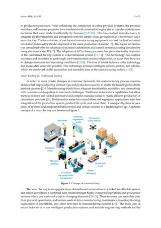 Sensors 2020, 20, 6783 3 of 22
in production processes. With enhancing the complexity of cyber physical systems, the physical
machines and business processes have combined with automation to give rise to complex optimization
decisions that were made traditionally by humans [5,21,22]. This has enabled manufacturers to
integrate the floor decisions and perceptions with the supply chain, giving birth to what we now call a
smart factory. The introduction of mechanical manufacturing equipment marked the first industrial
revolution, followed by the development of the mass production of goods [13]. The digital revolution
was considered to be the adoption of increased automation and control in manufacturing processes by
using electronics and IT [12]. The adoption of IoT in these processes has given rise to the deviation
of the centralized factory system to a decentralized system [12–14]. This technology has enabled
machines and industries to go through a self-optimization and reconfiguration, to adapt their behavior
to changes in orders and operating conditions [23,24]. The core of smart factories is the technology
that makes data collection possible. This technology includes intelligent sensors, motors, and robotics
which are employed on the production and assembly lines of the manufacturing industry [17].
Smart Factory vs. Traditional Factory
In order to meet drastic changes in customer demands, the manufacturing process requires
abilities that help in adjusting product type and production capacity, to enable the handling of multiple
product varieties [25]. Manufacturing should have adequate functionality, scalability, and connectivity
with customers and suppliers to meet such challenges. Traditional factories lack capabilities that allow
them to monitor and control automated and complex manufacturing to enable efficient production of
customized products [26]. Traditional factories have stand-alone and segregated applications with less
integration of the production system, product life cycle, and value chain. Consequently, there is poor
reuse of systems and integration between real and virtual systems in a traditional set-up. A general
concept of a smart factory can be seen in Figure 1.
Sensors 2020, 20, x FOR PEER REVIEW 3 of 25
physical machines and business processes have combined with automation to give rise to complex
optimization decisions that were made traditionally by humans [5,21,22]. This has enabled
manufacturers to integrate the floor decisions and perceptions with the supply chain, giving birth to
what we now call a smart factory. The introduction of mechanical manufacturing equipment marked
the first industrial revolution, followed by the development of the mass production of goods [13].
The digital revolution was considered to be the adoption of increased automation and control in
manufacturing processes by using electronics and IT [12]. The adoption of IoT in these processes has
given rise to the deviation of the centralized factory system to a decentralized system [12–14]. This
technology has enabled machines and industries to go through a self-optimization and
reconfiguration, to adapt their behavior to changes in orders and operating conditions [23,24]. The
core of smart factories is the technology that makes data collection possible. This technology includes
intelligent sensors, motors, and robotics which are employed on the production and assembly lines
of the manufacturing industry [17].
2.1 Smart Factory vs. Traditional Factory
In order to meet drastic changes in customer demands, the manufacturing process requires
abilities that help in adjusting product type and production capacity, to enable the handling of
multiple product varieties [25]. Manufacturing should have adequate functionality, scalability, and
connectivity with customers and suppliers to meet such challenges. Traditional factories lack
capabilities that allow them to monitor and control automated and complex manufacturing to enable
efficient production of customized products [26]. Traditional factories have stand-alone and
segregated applications with less integration of the production system, product life cycle, and value
chain. Consequently, there is poor reuse of systems and integration between real and virtual systems
in a traditional set-up. A general concept of a smart factory can be seen in Figure 1.
Figure 1. Concept of a smart factory.
The smart factory is an upgrade from old-fashioned automation to a linked and flexible system,
and which constitutes a continual data stream through highly connected operations and production
systems which can learn and adapt to changing demands [26–28]. These factories can assimilate data
from physical, operational, and human assets to drive manufacturing, maintenance, inventory
tracking, digitization of operations, and other activities in manufacturing systems [29]. The main aim
of smart factories is to use intelligent production systems and suitable engineering methods for the
successful and interconnected implementation of production facilities [25,30]. It is an engineering
Figure 1. Concept of a smart factory.
The smart factory is an upgrade from old-fashioned automation to a linked and flexible system,
and which constitutes a continual data stream through highly connected operations and production
systems which can learn and adapt to changing demands [26–28]. These factories can assimilate data
from physical, operational, and human assets to drive manufacturing, maintenance, inventory tracking,
digitization of operations, and other activities in manufacturing systems [29]. The main aim of
smart factories is to use intelligent production systems and suitable engineering methods for the
 