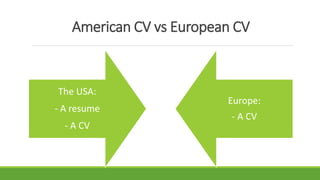 American CV vs European CV
The USA:
- A resume
- A CV
Europe:
- A CV
 