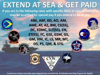 EXTEND AT SEA & GET PAID
If you are in the following rates with specific NECs or special duty you
      may be qualified for special pay if you extend to be at sea:
                             ABE, ABF, AD, AO, AM,
                            AME, AT, AZ, BM, CS(SS),
                             DC, EDMC, ELT(SS), EN,
                            ET(SS), FC, GSE, GSM, GS,
                            GM, HM, IC, LS, MR, MT,
                               OS, PS, QM, & STG.




   Contact your Career Counselor about Special Duty Incentive Pay & Voluntary Sea Duty Program for Details.
 