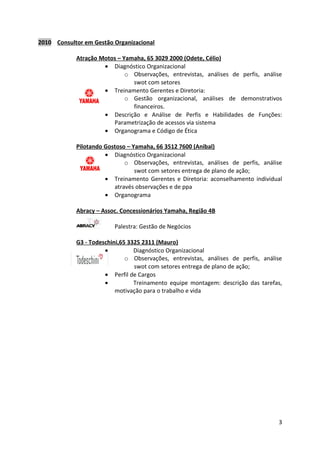 2010 Consultor em Gestão Organizacional

            Atração Motos – Yamaha, 65 3029 2000 (Odete, Célio)
                     • Diagnóstico Organizacional
                             o Observações, entrevistas, análises de perfis, análise
                               swot com setores
                     • Treinamento Gerentes e Diretoria:
                             o Gestão organizacional, análises de demonstrativos
                               financeiros.
                     • Descrição e Análise de Perfis e Habilidades de Funções:
                        Parametrização de acessos via sistema
                     • Organograma e Código de Ética

            Pilotando Gostoso – Yamaha, 66 3512 7600 (Anibal)
                      • Diagnóstico Organizacional
                             o Observações, entrevistas, análises de perfis, análise
                                 swot com setores entrega de plano de ação;
                      • Treinamento Gerentes e Diretoria: aconselhamento individual
                         através observações e de ppa
                      • Organograma

            Abracy – Assoc. Concessionários Yamaha, Região 4B

                         Palestra: Gestão de Negócios

            G3 - Todeschini,65 3325 2311 (Mauro)
                      •          Diagnóstico Organizacional
                              o Observações, entrevistas, análises de perfis, análise
                                 swot com setores entrega de plano de ação;
                      • Perfil de Cargos
                      •          Treinamento equipe montagem: descrição das tarefas,
                          motivação para o trabalho e vida




                                                                                   3
 