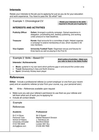 9
Interests
Relate your interests to the job you‟re applying for just as you do for your education
and work experience. You have to pass the „So what?‟ test

      Example 1: Chronological CV                               Relate your interests to the skills
                                                               required in the job you‟re going for

      INTERESTS AND ACTIVITIES

      Publicity Officer      Oxfam: Arranged a publicity campaign. Gained experience in
                             delegation, proofreading text, desktop publishing, and working
                             under pressure to meet deadlines.

      Treasurer              Karate: Kept accounts for a committee of eight. Helped organise
                             a campaign to extend membership of club, which resulted in 50
                             new members.

      Vice Captain           University Football Team: Organised venues and fixtures for
                             three teams as well as playing in the First XI.


      Example 2: Skills – Based CV                            Brief outline of activities – Make sure
                                                              you refer to them in the Skills Profile!
      Interests / Achievements

         Music: guitarist in my own band which performs gigs in and around the London area
         Travel: Backpacking in Asia and North America
         Sport: University Hockey team player


References
Either: Include a professional referee (a current employer or one from your recent
past) and an academic referee (a tutor from your course, e.g. your personal tutor)

Or:        Write – References available upon request

     Make sure you ask your referee‟s permission to use them as your referee and
      tell them what sort of work you‟re applying for
     Include all contact details

      Example
      References

      Academic                     Professional
      Dr C H Glove                 Mr G Speed
      Personal Tutor               Market Research Division
      School of History            J. Sainsbury plc
      University of Exeter         Stamford Street
      0123 765 4835                London SE1 9LL
      drchg@exe.com                01238 456 7890
 