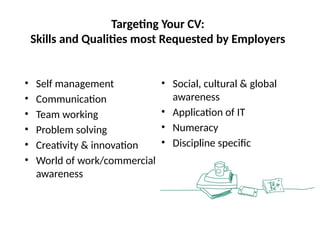 Targeting Your CV:
Skills and Qualities most Requested by Employers
• Self management
• Communication
• Team working
• Problem solving
• Creativity & innovation
• World of work/commercial
awareness
• Social, cultural & global
awareness
• Application of IT
• Numeracy
• Discipline specific
 