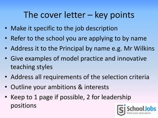 Resource
• Refer to Worksheet 3: Cover letter template
• Remember, a good cover letter makes a
connection between what you...