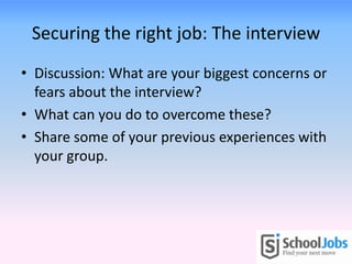 Interview questions - Type
Three types of question:
• Behavioural
– E.g. Tell us about a difficult student you have had
to...