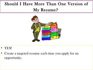 Should I Have More Than One Version of 
My Resume? 
• YES! 
• Create a targeted resume each time you apply for an 
opportunity. 
 