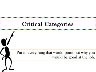 Critical Categories 
Put in everything that would point out why you 
would be good at the job. 
 