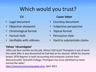 Which would you trust?
CV
• Legal document
• Objective viewpoint
• Chronological format
• Factual style
• Verifiable with referees
Cover letter
• Courtesy document
• Subjective perspective
• Topical format
• Persuasive style
• Hard to substantiate claims
Yahoo ‘résumégate’
‘After just four months on the job, Yahoo! CEO Scott Thompson is out of work
this week after it was discovered he had lied on his résumé. While his resume
boasts 1978 degrees in both accounting and computer science from
Massachusetts' Stonehill College, Thompson has since admitted he never
earned the latter.’
http://www.businessnewsdaily.com, April 2012
 