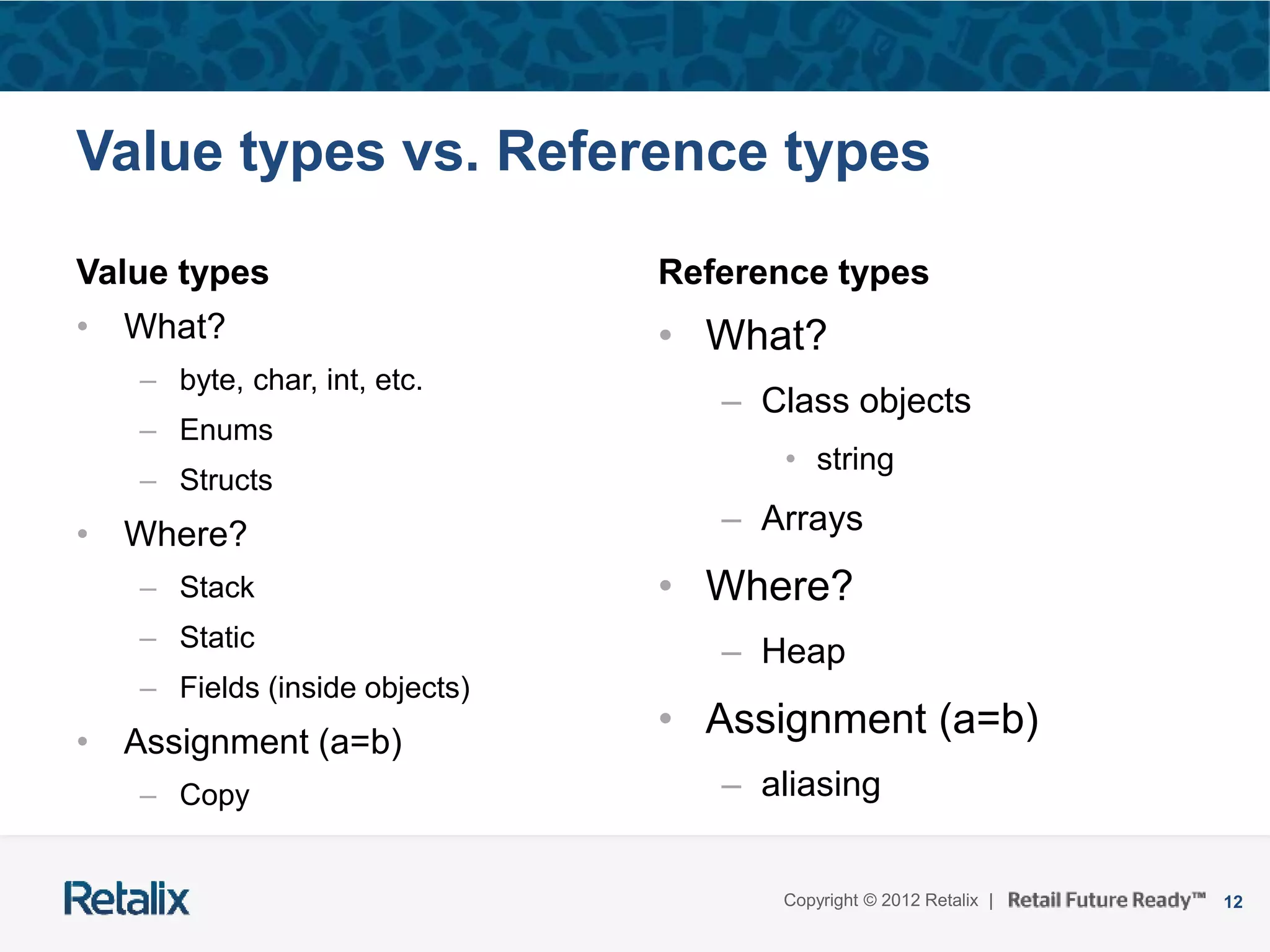 12Copyright © 2012 Retalix |
Value types vs. Reference types
Value types
• What?
– byte, char, int, etc.
– Enums
– Structs
• Where?
– Stack
– Static
– Fields (inside objects)
• Assignment (a=b)
– Copy
Reference types
• What?
– Class objects
• string
– Arrays
• Where?
– Heap
• Assignment (a=b)
– aliasing
 