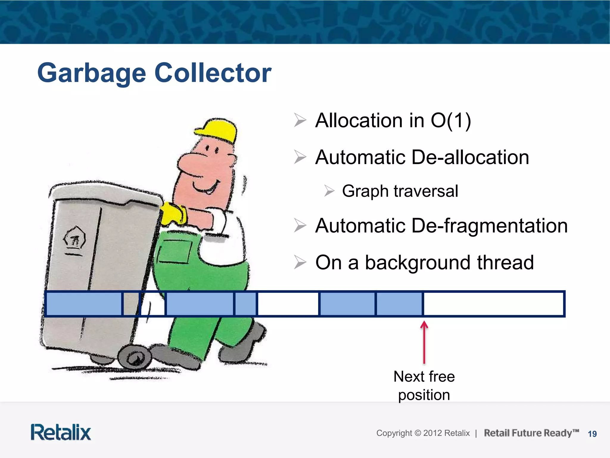 19Copyright © 2012 Retalix |
Garbage Collector
 Allocation in O(1)
 Automatic De-allocation
 Graph traversal
 Automatic De-fragmentation
 On a background thread
Next free
position
 