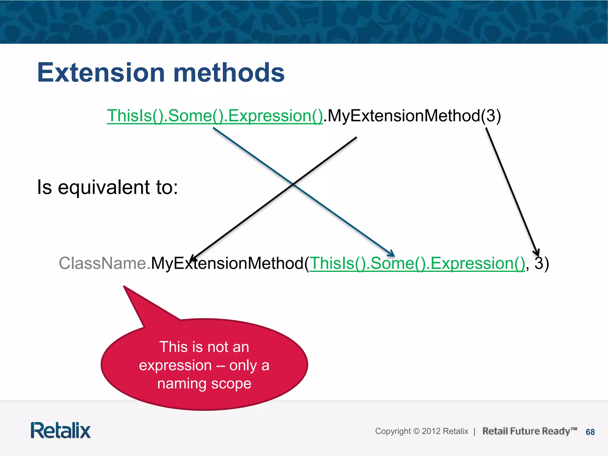 68Copyright © 2012 Retalix |
Extension methods
ThisIs().Some().Expression().MyExtensionMethod(3)
Is equivalent to:
ClassName.MyExtensionMethod(ThisIs().Some().Expression(), 3)
This is not an
expression – only a
naming scope
 