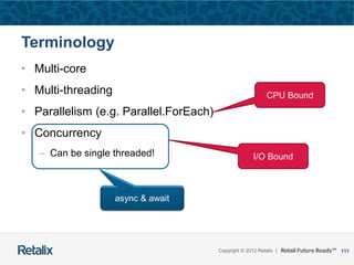111Copyright © 2012 Retalix |
Terminology
• Multi-core
• Multi-threading
• Parallelism (e.g. Parallel.ForEach)
• Concurrency
– Can be single threaded!
CPU Bound
I/O Bound
async & await
 