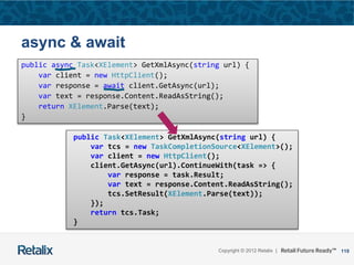 119Copyright © 2012 Retalix |
async & await
public async Task<XElement> GetXmlAsync(string url) {
var client = new HttpClient();
var response = await client.GetAsync(url);
var text = response.Content.ReadAsString();
return XElement.Parse(text);
}
public Task<XElement> GetXmlAsync(string url) {
var tcs = new TaskCompletionSource<XElement>();
var client = new HttpClient();
client.GetAsync(url).ContinueWith(task => {
var response = task.Result;
var text = response.Content.ReadAsString();
tcs.SetResult(XElement.Parse(text));
});
return tcs.Task;
}
 