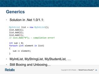 45Copyright © 2012 Retalix |
Generics
• Solution in .Net 1.0/1.1:
• MyIntList, MyStringList, MyStudentList, …
• Still Boxing and Unboxing…
MyIntList list = new MyIntList();
list.Add(1);
list.Add(2);
list.Add(3);
// list.Add(“4”); - compilation error!
int sum = 0;
foreach (int element in list)
{
sum += element;
}
 