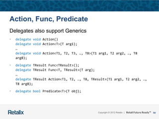 54Copyright © 2012 Retalix |
Action, Func, Predicate
Delegates also support Generics
• delegate void Action()
delegate void Action<T>(T arg1);
…
delegate void Action<T1, T2, T3, …, T8>(T1 arg1, T2 arg2, …, T8
arg8);
• delegate TResult Func<TResult>();
delegate TResult Func<T, TResult>(T arg);
…
delegate TResult Action<T1, T2, …, T8, TResult>(T1 arg1, T2 arg2, …,
T8 arg8);
• delegate bool Predicate<T>(T obj);
 