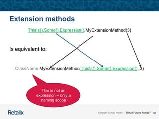 68Copyright © 2012 Retalix |
Extension methods
ThisIs().Some().Expression().MyExtensionMethod(3)
Is equivalent to:
ClassName.MyExtensionMethod(ThisIs().Some().Expression(), 3)
This is not an
expression – only a
naming scope
 
