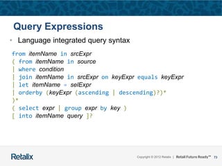 73Copyright © 2012 Retalix |
Query Expressions
• Language integrated query syntax
from itemName in srcExpr
( from itemName in source
| where condition
| join itemName in srcExpr on keyExpr equals keyExpr
| let itemName = selExpr
| orderby (keyExpr (ascending | descending)?)*
)*
( select expr | group expr by key )
[ into itemName query ]?
 