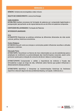 9
Disponível em: https://pt.wikipedia.org/wiki/Juiz_de_Fora/. Acesso em: 20 mar. 2020.
GÊNERO: Verbete de enciclopédia e vídeo-minuto
OBJETO DE CONHECIMENTO: Léxico/morfologia
HABILIDADE(S):
(EF08LP05) Analisar processos de formação de palavras por composição (aglutinação e
justaposição), apropriando-se de regras básicas de uso do hífen em palavras compostas.
SEMANA 4
CONTEÚDOS RELACIONADOS: Formação de Palavras
INTERDISCIPLINARIDADE:
Arte
(EF69AR31P8) Relacionar as práticas artísticas às diferentes dimensões da vida social,
cultural, política, histórica e econômica.
Ensino Religioso
(EF08ER01) Discutir como as crenças e convicções podem influenciar escolhas e atitudes
pessoais e coletivas.
Educação Física
(EF89EF09P8)  Reconhecer os fatores de risco relacionados ao uso de substâncias para a
ampliação do rendimento ou potencialização das transformações corporais, assim como
promover ações para a redução do consumo de álcool, tabaco e outras drogas.
(EF89EF22MGP8) Compreender e validar a importância da vivência e fruição das
brincadeiras e jogos ao longo da vida, refletindo sobre fatores que podem influenciar o
distanciamento dessas práticas.
(EF89EF05P8) Identificar e interpretar as transformações históricas do fenômeno
esportivo e discutir alguns de seus problemas (doping, corrupção, violência etc.).
 