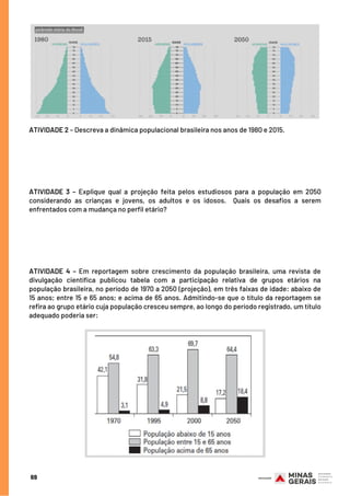 ATIVIDADE 2 – Descreva a dinâmica populacional brasileira nos anos de 1980 e 2015.  
ATIVIDADE 3 – Explique qual a projeção feita pelos estudiosos para a população em 2050
considerando as crianças e jovens, os adultos e os idosos.  Quais os desafios a serem
enfrentados com a mudança no perfil etário?
ATIVIDADE 4 – Em reportagem sobre crescimento da população brasileira, uma revista de
divulgação científica publicou tabela com a participação relativa de grupos etários na
população brasileira, no período de 1970 a 2050 (projeção), em três faixas de idade: abaixo de
15 anos; entre 15 e 65 anos; e acima de 65 anos. Admitindo-se que o título da reportagem se
refira ao grupo etário cuja população cresceu sempre, ao longo do período registrado, um título
adequado poderia ser:
69
 