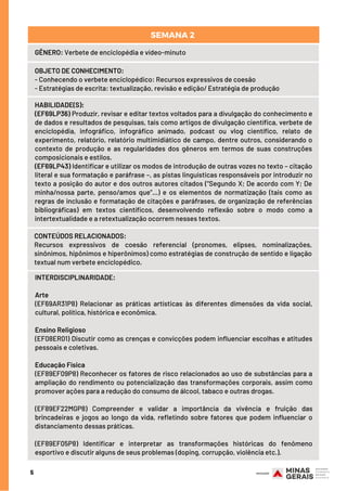 5
GÊNERO: Verbete de enciclopédia e vídeo-minuto
OBJETO DE CONHECIMENTO:
- Conhecendo o verbete enciclopédico: Recursos expressivos de coesão
- Estratégias de escrita: textualização, revisão e edição/ Estratégia de produção
HABILIDADE(S):
(EF69LP36) Produzir, revisar e editar textos voltados para a divulgação do conhecimento e
de dados e resultados de pesquisas, tais como artigos de divulgação científica, verbete de
enciclopédia, infográfico, infográfico animado, podcast ou vlog científico, relato de
experimento, relatório, relatório multimidiático de campo, dentre outros, considerando o
contexto de produção e as regularidades dos gêneros em termos de suas construções
composicionais e estilos.
(EF69LP43) Identificar e utilizar os modos de introdução de outras vozes no texto – citação
literal e sua formatação e paráfrase –, as pistas linguísticas responsáveis por introduzir no
texto a posição do autor e dos outros autores citados (“Segundo X; De acordo com Y; De
minha/nossa parte, penso/amos que”...) e os elementos de normatização (tais como as
regras de inclusão e formatação de citações e paráfrases, de organização de referências
bibliográficas) em textos científicos, desenvolvendo reflexão sobre o modo como a
intertextualidade e a retextualização ocorrem nesses textos.
CONTEÚDOS RELACIONADOS:
Recursos expressivos de coesão referencial (pronomes, elipses, nominalizações,
sinônimos, hipônimos e hiperônimos) como estratégias de construção de sentido e ligação
textual num verbete enciclopédico.
SEMANA 2 
INTERDISCIPLINARIDADE:
Arte
(EF69AR31P8) Relacionar as práticas artísticas às diferentes dimensões da vida social,
cultural, política, histórica e econômica.
Ensino Religioso
(EF08ER01) Discutir como as crenças e convicções podem influenciar escolhas e atitudes
pessoais e coletivas. 
Educação Física
(EF89EF09P8) Reconhecer os fatores de risco relacionados ao uso de substâncias para a
ampliação do rendimento ou potencialização das transformações corporais, assim como
promover ações para a redução do consumo de álcool, tabaco e outras drogas.
(EF89EF22MGP8) Compreender e validar a importância da vivência e fruição das
brincadeiras e jogos ao longo da vida, refletindo sobre fatores que podem influenciar o
distanciamento dessas práticas.
(EF89EF05P8) Identificar e interpretar as transformações históricas do fenômeno
esportivo e discutir alguns de seus problemas (doping, corrupção, violência etc.).
 