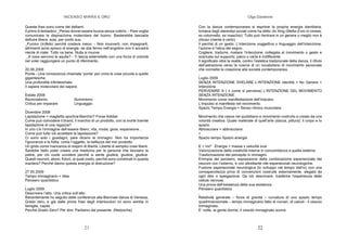 INCENSO MIRRA E ORO
21
Queste frasi sono come dei dettami.
Il primo è fantastico _Penso dovrei essere buona senza volerlo. - Pare voglia
comunicare la disposizione molecolare del buono. Basterebbe lasciarla
defluire libera, sola, per conto suo.
_Furono (in)felici perché costava meno. - Non muoverti, non impegnarti,
altrimenti avrai spreco di energie, se stai fermo nell’angolino non ti accadrà
niente di male. Tutto va bene. Nulla si muove.
_A cosa servono le aquile? - Ti lascia esterrefatto con una forza di volontà
nel voler raggiungere un punto di riferimento.
,
20.06.2008
Ponte - Una conoscenza chiamata ’ponte’ per unire le cose piccole a quelle
gigantesche.
Una profondità infinitesimale.
Il sapere molecolare del sapere.
,
Estate 2008
Razionalismo Illuminismo
Critica per imparare Linguaggio
,
Dicembre 2008
Lapidazione = maglietta sportiva-Marchio? Forse Adidas
Come può coincidere il brand, il marchio di un prodotto, con la morte tramite
lapidazione di una ragazza?
In uno c’è l’immagine dell’essere libero, vita, moda, gioia, espansione…
Come può tutto ciò accettare la lapidazione?
Ci sono solo i guadagni, pare dicano le immagini. Non ha importanza
l’ignoranza e la follia, conta l’oggetto, la bellezza del mio prodotto.
Un grido come mancanza di respiro di libertà. Libertà di semplici cose libere.
Sarebbe bello poter creare una medicina per le persone che lanciano le
pietre, per chi vuole uccidere perché si sente giudice, giudice, giudice.
Questi neuroni, atomi, fotoni, ai quali credo, perché sono combinati in questa
maniera? Perché danno questa energia di distruzione?
,
27.05.2009
Tempo immaginario + idea
Pensiero quantistico
,
Luglio 2009
Descrivere l’atto. Una critica sull’atto.
Recentemente ho seguito delle conferenze alla Biennale danza di Venezia,
Grado zero, e già dalle prime frasi degli interlocutori mi sono sentita in
famiglia, capita.
Perché Grado Zero? Per dire: Partiamo dal presente. (Nietzsche)
Olga Danelone
22
Con la danza contemporanea si esprime la propria energia identitaria,
lontana dagli stereotipi sociali come ha detto Jin Xing (Stella d’oro in cinese,
ex colonnello, ex maschio): Tutto può rientrare in un genere o meglio non è
chiuso (niente è certo)
Il perché di un gesto: L’intenzione soggettiva o linguaggio dell’intenzione,
l’azione e l’etica del segno.
Cogliere, tradurre, rivelare l’intenzione: collegata al movimento o gesto e
scaricata sul supporto, palco o carta è indifferente.
Il significato oltre la realtà, contro l’estetica tradizionale della danza, il rifiuto
dell’astrazione verso la ricerca di un vocabolario di movimento personale
che connetta la creazione alla società contemporanea.
,
Luglio 2009
SENZA INTENZIONE SVELARE L’INTENZIONE Identità + No Genere =
Intenzione
PERVENIRE A ( il come si perviene) L’INTENZIONE DEL MOVIMENTO
SENZA INTENZIONE.
Movimento come manifestazione dell’impulso.
L’impulso si manifesta nel movimento.
Spazio Tempo Energia = Senso ritmico muscolare.
Movimento che nasce nel quotidiano e movimento costruito e creato da una
volontà creativa. Quale materiale di quell’arte (danza, pittura): il corpo e lo
spazio.
Abbracciare = abbracciarsi
+
Spazio tempo Spazio energia
E = mc² Energia = massa x velocità luce
Valorizzazione della creatività interna in concomitanza a quella esterna.
Trasformazione del percepito in immagini.
Entropia del pensiero, espressione della combinazione esperienziale dei
neuroni con l’esterno, e con altrettante vite esperienziali neurologiche.
Fusione esperienziale neurologica (lo sviluppo nel tempo dell’io) con una
consapevolezza priva di convenzioni costruite esternamente, slegata da
ogni dire o spiegazione. Da ciò descrivere, trasferire l’esperienza delle
cellule nervose.
Una prova dell’esistenza della sua esistenza.
Pensiero quantistico
,
Relatività generale – forza di gravità – curvatura di uno spazio tempo
quadrimensionale – tempo immaginario fatto di numeri, di calcoli - il vissuto
immaginato.
E’ notte, la gente dorme, il vissuto immaginato scorre.
 