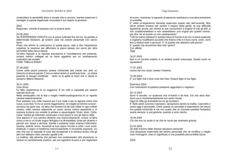 INCENSO MIRRA E ORO
11
condividere la sensibilità etica e morale che tu provavi, mentre osservavi il
ventaglio di pazzie legalizzate circondare il tuo respiro di giustizia.
,
2002
Ragionare, volontà di pensare con la propria testa.
,
20.06.2002
Se l’ESPERIENZA VISSUTA con le paure coltivate fino ad ora, ha portato a
determinate decisioni, gli schemi usati nel vissuto personale non vanno
bene.
Posto che elimini la costruzione di quelle paure, vale a dire l’esperienza
creatrice, la reazione per affrontare la paura stessa non serve più oltre
all’inutilità della paura stessa.
Un’altra risposta o la risposta successiva è l’accettazione del presente,
schemi istintivi collegati ad un bene oggettivo per un cambiamento
costruttivo del sociale.
FARE TABULA RASA?
,
27.06.2002
Come certe paure possono essere richiamate alla mente con solo un
intreccio di alcune parole: C’era un odore strano in quell’aula buia…un odore
pesante di bisogni mortificati, …tanto va la gatta al lardo che ci lascia lo
zampino (Marco Mazzoli).
,
30.01.2003
Cara Anna,
ho fatto l’esperienza di un soggiorno di tre notti in ospedale per essere
operata dove sai.
Nelle ventiquattro ore le fasi o meglio l’elettrocardiogramma di un reparto
cambia repentinamente.
Puoi passare una notte insonne per il tuo male o per la signora vicino che
russa, e poi dice “Io ho un sonno leggerissimo, mi sveglio al minimo rumore”,
sorrisino da parte mia. Un’altra che ansima ha dei tubi infilati in ogni orifizio
umano; nella camera adiacente un uomo senza motivo apparente e in
maniera burbera non smette di gridare a squarciagola “Aiuto, aiuto, Carla,
Carla” mentre gli infermieri continuano il loro lavoro e non gli danno retta.
Una signora in una camera distante urla improvvisamente, invece un’altra
vicino a me in un brutto sogno farfuglia e la dirimpettaia, forse per aiutarla o
perché non riesce a dormire, tramite il pulsante rosso chiama l’infermiera.
Questa, solerte, arriva. Accende la luce sopra l’incubo e sotto i suoi occhi,
indelicati, il sogno si trasforma improvvisamente in innocente angoscia. Un
viso che non si capacita di cosa stia accadendo e le sembra strano che gli
altri non abbiano visto, provato uguale a lei.
La mattina, alle persone che pensavi non sostenessero alla situazione, si
creava un cambiamento positivo, per poi regredire di poco e poi migliorarsi
Olga Danelone
12
di nuovo, viceversa, lo sguardo di speranza cambiava in una tetra previsione
di sconfitta.
E’ stata un’esperienza rilevante osservare questo lato dell’umanità. Non
serve andare lontano per sentire il respiro della gente, le sue difficoltà
egoistiche anche; per sentire le sue convenzioni a scapito di tutti gli altri, e
non modificherebbero e non varierebbero una virgola per questo mondo,
per dire “do al mondo un mio cambiamento”.
Tutti noi siamo intessuti in questa trama di mondo e se non ci piace qualcosa
e vogliamo modificarla succede che tiriamo il filo e il buco corre, corre, corre
fino a disfare tutto il percorso. E’ di questo che abbiamo tutti paura?
E’ questo che dovremmo fare tutti i giorni?
Con affetto
Olga
,
16.07.2003
Non è un tornare indietro è un andare avanti comunque. Questi occhi mi
riguardano!
,
17.07.2003
Uscire dal mio corpo, essere l’insieme.
,
15.09.2003
E’ tuo figlio che ti dice cosa devi fare. Essere figlio di tuo figlio.
,
Dicembre 2003
Con motivazioni di plastica possiamo aggiustarci o regolarci.
,
30.12.2003
Sono in ascolto, un qualcosa che m’indichi il da fare. Ciò che devo fare.
Sono qui e momentaneamente non sento niente.
Oggi ho fatto gli animaletti tra cui gli scorpioni.
E’ bello sentir scorrere il pensiero- sensazione dentro la matita, il pennello o
come oggi il pennarello. Certo questo mi permette di esprimermi nel lavoro
ma questa continuità di me con quello che mi circonda sarebbe fantastico
averla sempre, è una goduria, quando ci sono dentro.
,
16.04.2004
Ciò che non ho avuto è ciò che ho avuto per diventare grande.
,
23.04.2004
Gli stati d’animo delle diverse situazioni personali.
Una situazione imperniata dal sentire personale che ne modifica o meglio
crea l’immagine, crea un significato e una possibile percorribilità futura.
,
2004
 