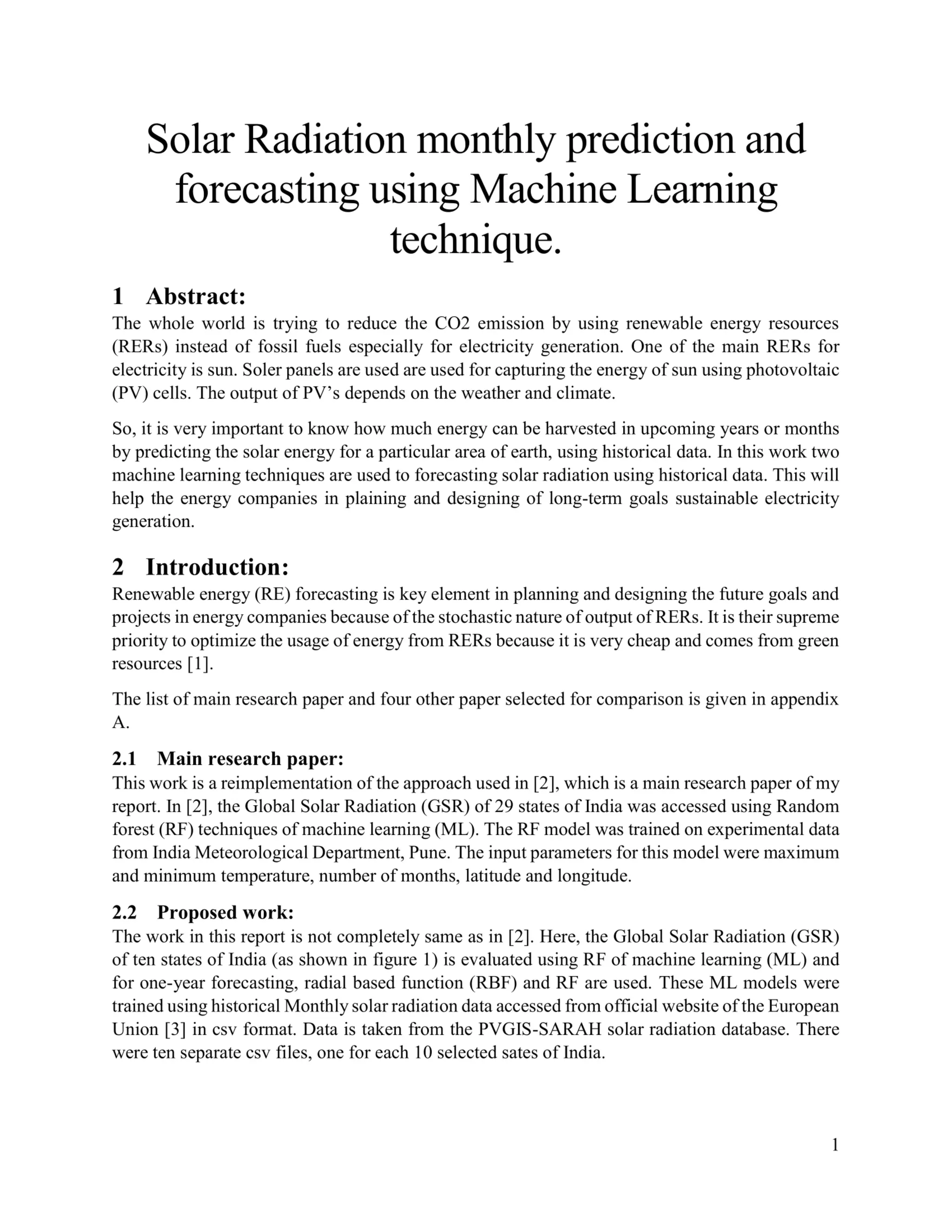 Solar Radiation monthly prediction and forecasting using Machine Learning technique
