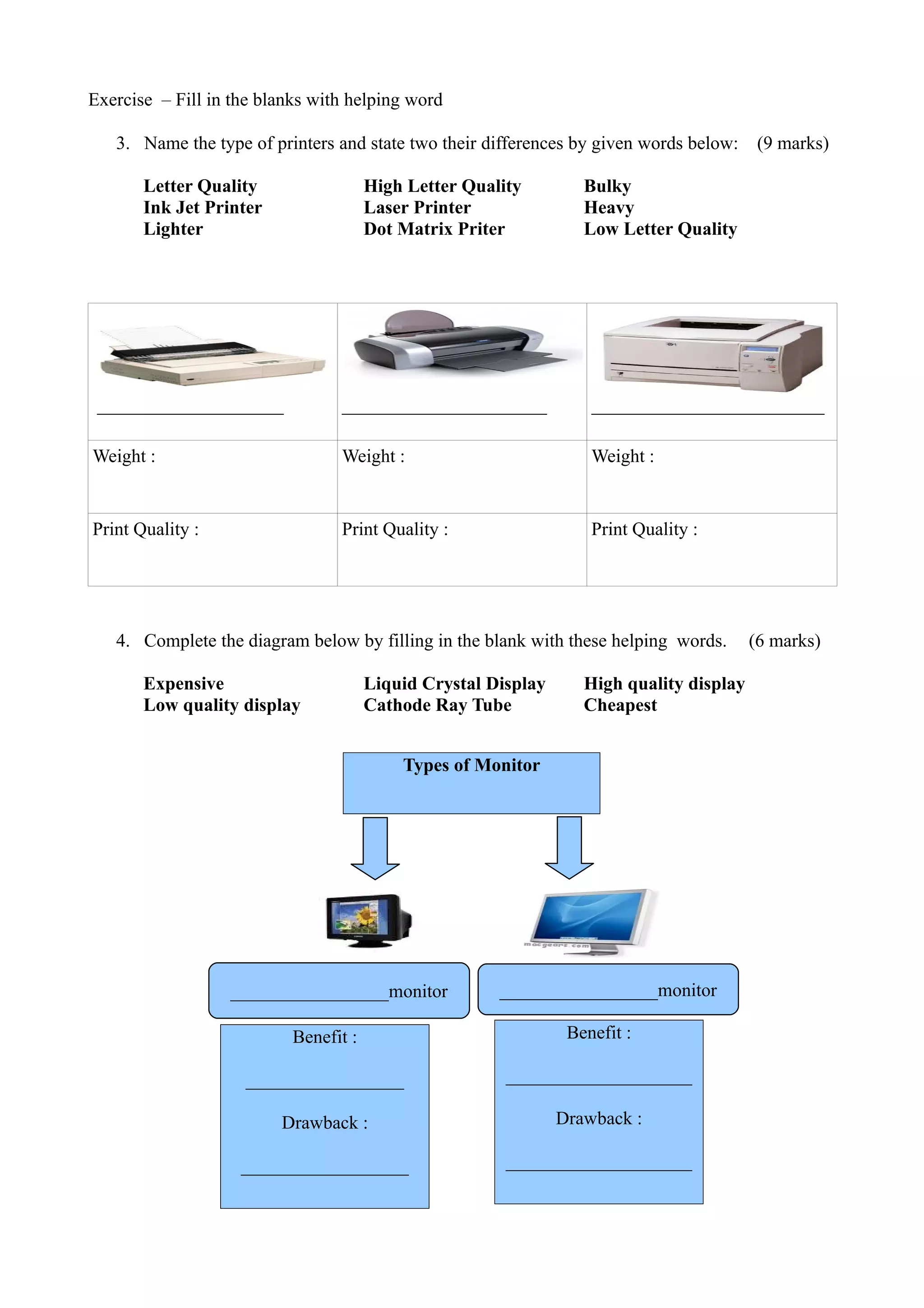 Output Devices In-Class Worksheet (Easy) | DOC | Computer Peripherals ...