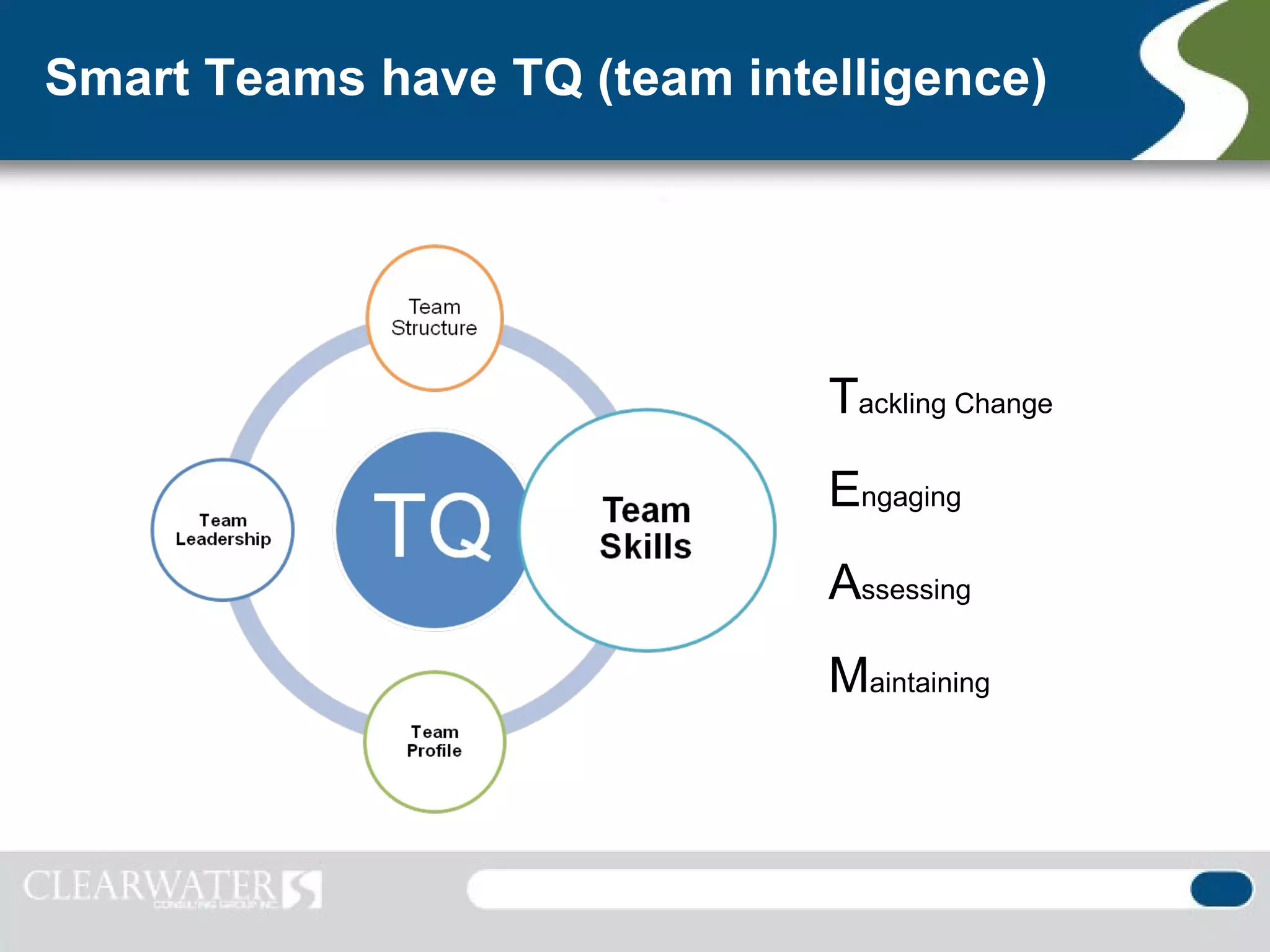 Smart Teams have TQ (team intelligence)




                              Tackling Change
                              Engaging
                              Assessing
                              Maintaining
 
