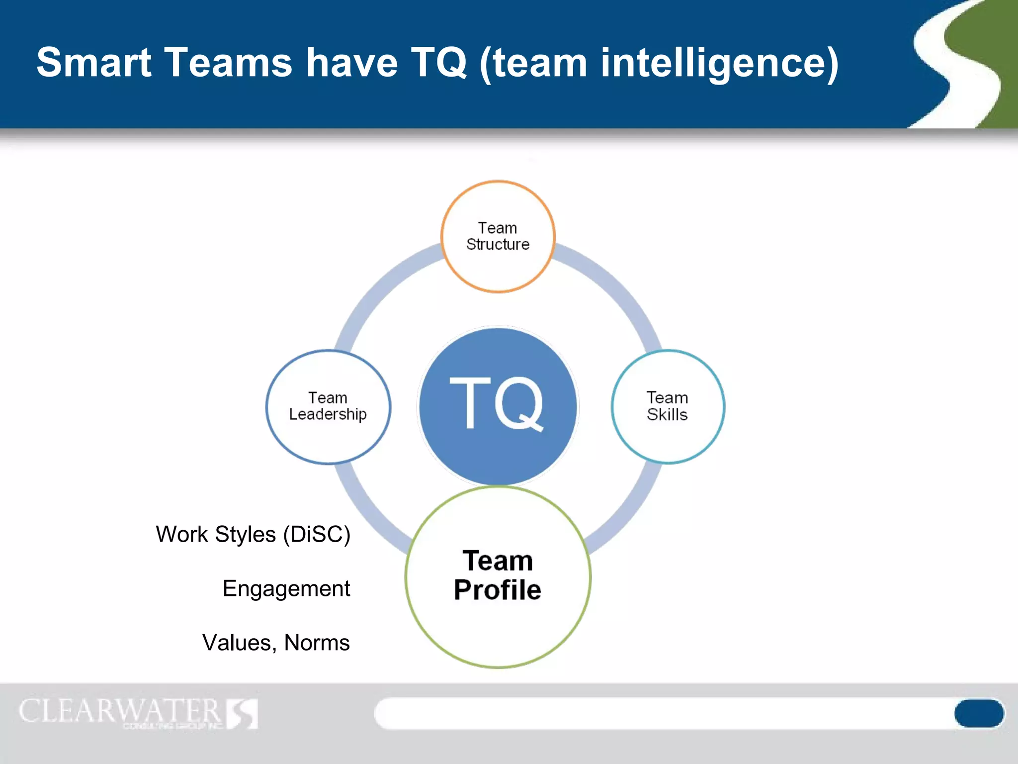 Smart Teams have TQ (team intelligence)




     Work Styles (DiSC)

           Engagement

         Values, Norms
 