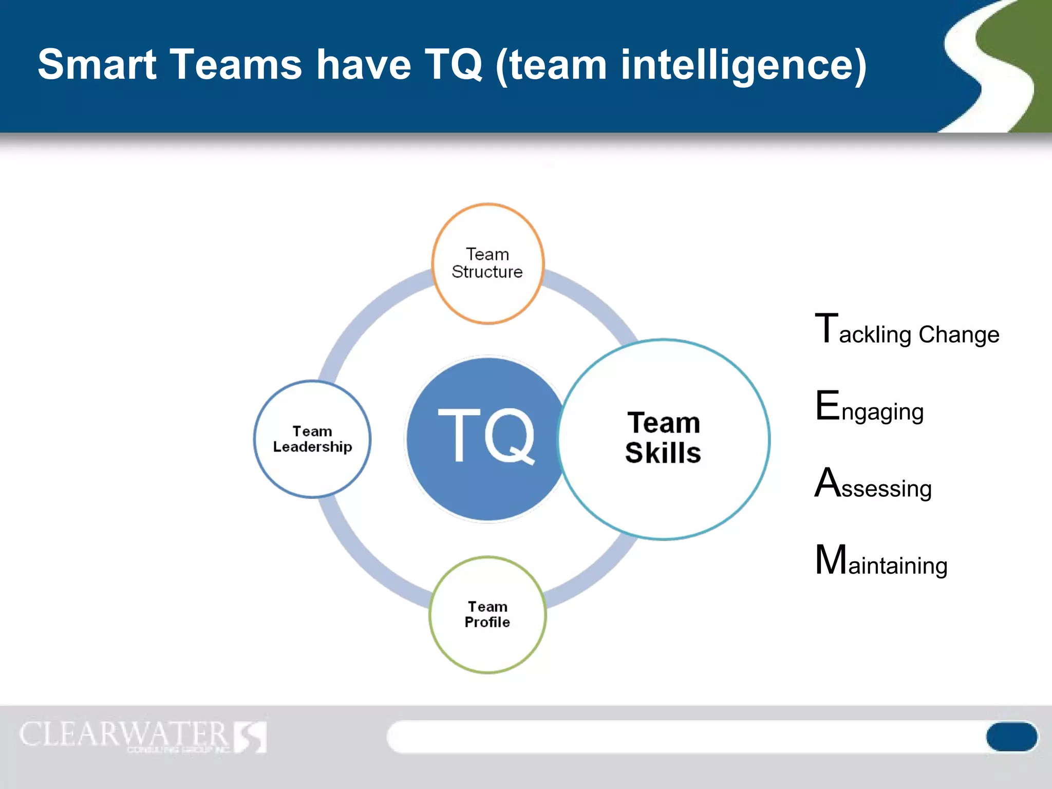 Smart Teams have TQ (team intelligence)




                                    Tackling Change
                                    Engaging
                                    Assessing
                                    Maintaining
 