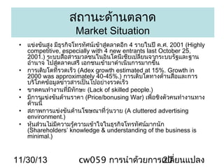 สถานะด้านตลาด
Market Situation

• แข่งขันสูง มีธุรกิจโทรทัศน์เข้าสู่ตลาดอีก 4 รายในปี ค.ศ. 2001 (Highly
competitive, especially with 4 new entrants last October 25,
2001.) ระบบสื่อสารมวลชนในอินโดนีเซียเปลี่ยนจากระบบรัฐและฐาน
อำานาจ ไปสู่ตลาดเสรี เอกชนเข้ามาดำาเนินการมากขึน
้
• การเติบโตที่รวดเร็ว (Adex growth estimated at 15%. Growth in
2000 was approximately 40-45%.) การเติบโตทางด้านสื่อและการ
บริโภคข้อมูลข่าวสารเป็นไปอย่างรวดเร็ว
• ขาดคนทำางานที่มีทักษะ (Lack of skilled people.)
• มีการแข่งขันด้านราคา (Price/bonusing War) เพื่อชิงตัวคนทำางานทาง
ด้านนี้
• สภาพการแข่งขันด้านโฆษณาที่วุ่นวาย (A cluttered advertising
environment.)
• หุนส่วนไม่มีความรู้ความเข้าใจในธุรกิจโทรทัศน์มากนัก
้
(Shareholders’ knowledge & understanding of the business is
minimal.)

11/30/13

cw059 การนำาด้วยการเปลี่ยนแปลง
20

 