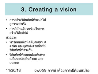 3. Creating a vision
• การสร้างวิสัยทัศน์ที่จะนำาไป
สู่ความสำาเร็จ
• การให้คนมีส่วนร่วมในการ
สร้างวิสัยทัศน์
ตัวอย่าง
• พรรคคอมมิวนิสต์ยุคเลนิน ส
ตาลิน และยุคหลังจากนั้นที่มี
วิสัยทัศน์ที่ต่างกัน
• วิสัยทัศน์ที่สอดคล้องกับการ
เปลี่ยนแปลงในสังคม และ
อนาคต

11/30/13

cw059 การนำาด้วยการเปลี่ยนแปลง
42

 