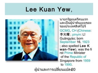 Lee Kuan Yew,
? ?????????????????
??????????????????????
??????????????????
? GCMG, CH (Chinese:
ҫ ; pinyin: L
Gungyo; born
September 16, 1923
; also spelled Lee K
wan-Yew), was the fi
rst Prime Minister
of the Republic of
Singapore from 1959
to 1990.

???????????????????????
20

 