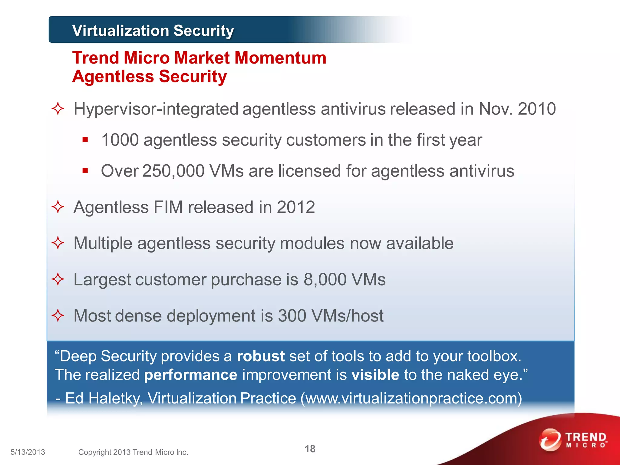  Hypervisor-integrated agentless antivirus released in Nov. 2010
 1000 agentless security customers in the first year
 Over 250,000 VMs are licensed for agentless antivirus
 Agentless FIM released in 2012
 Multiple agentless security modules now available
 Largest customer purchase is 8,000 VMs
 Most dense deployment is 300 VMs/host
“Deep Security provides a robust set of tools to add to your toolbox.
The realized performance improvement is visible to the naked eye.”
- Ed Haletky, Virtualization Practice (www.virtualizationpractice.com)
Virtualization Security
Trend Micro Market Momentum
Agentless Security
185/13/2013 Copyright 2013 Trend Micro Inc.
 