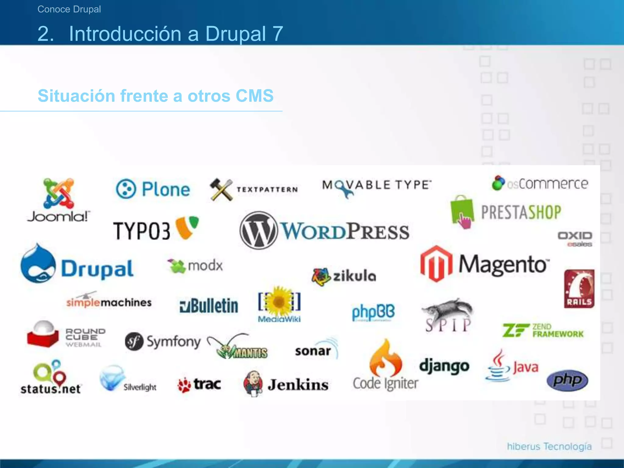 Situación frente a otros CMS
Conoce Drupal
2. Introducción a Drupal 7
 