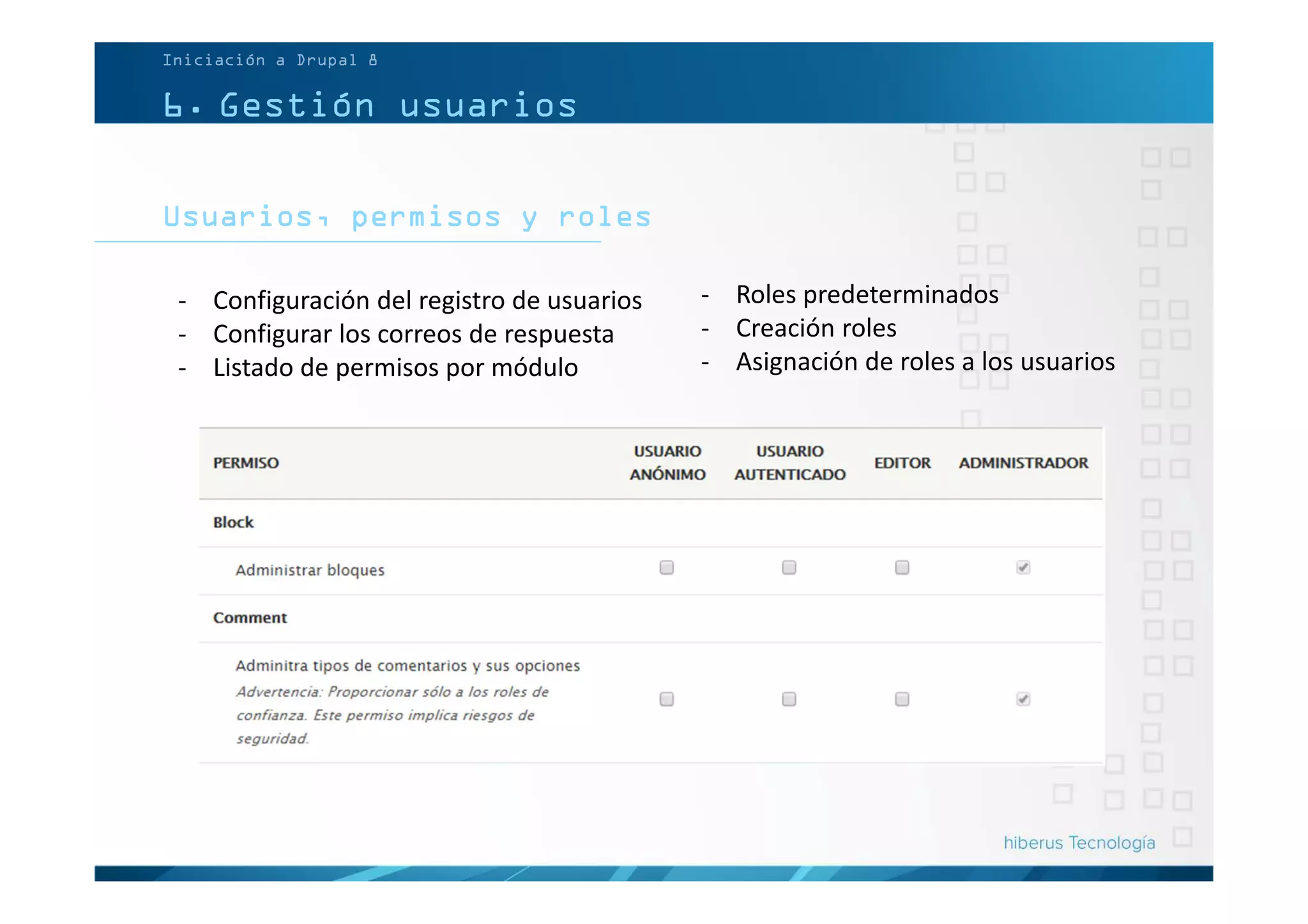 6. Gestión usuarios
Usuarios, permisos y roles
Iniciación a Drupal 8
- Configuración del registro de usuarios
- Configurar los correos de respuesta
- Listado de permisos por módulo
- Roles predeterminados
- Creación roles
- Asignación de roles a los usuarios
 