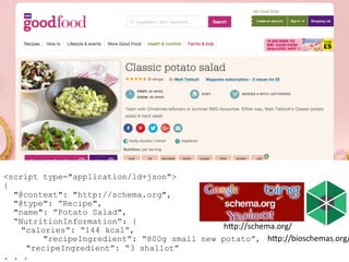 <script type="application/ld+json">
{
"@context": "http://schema.org",
"@type": ”Recipe",
"name": ”Potato Salad",
“NutritionInformation”: {
"calories”: “144 kcal”,
"recipeIngredient”: “800g small new potato”,
"recipeIngredient”: “3 shallot”
. . .
h"p://bioschemas.org/
h"p://schema.org/	
 