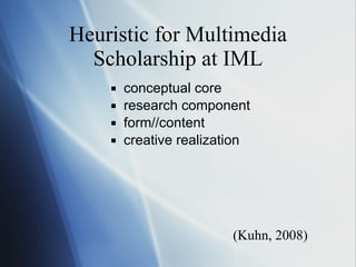 Heuristic  for Multimedia Scholarship at IML conceptual core research component form//content creative realization (Kuhn, 2008) 