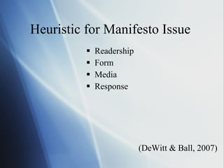 Heuristic for Manifesto Issue  <ul><li>Readership </li></ul><ul><li>Form </li></ul><ul><li>Media </li></ul><ul><li>Respons...