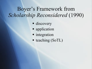 Boyer’s Framework from  Scholarship Reconsidered  (1990) <ul><li>discovery </li></ul><ul><li>application </li></ul><ul><li...