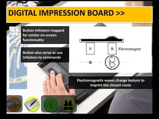 Digital impression board >>Button initiators mapped for similar on-screen functionality Button also serve as cue initiators to commandsElectromagnetic waves change texture to imprint the chosen route