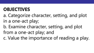 a. Categorize character, setting, and plot
in a one-act play;
b. Examine character, setting, and plot
from a one-act play; and
c. Value the importance of reading a play.
OBJECTIVES
 