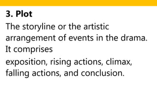 3. Plot
The storyline or the artistic
arrangement of events in the drama.
It comprises
exposition, rising actions, climax,
falling actions, and conclusion.
 