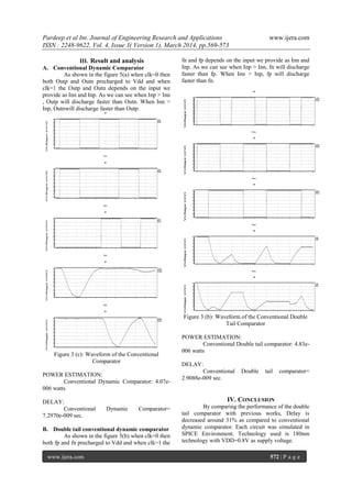 Pardeep et al Int. Journal of Engineering Research and Applications www.ijera.com
ISSN : 2248-9622, Vol. 4, Issue 3( Version 1), March 2014, pp.569-573
www.ijera.com 572 | P a g e
III. Result and analysis
A. Conventional Dynamic Comparator
As shown in the figure 5(a) when clk=0 then
both Outp and Outn precharged to Vdd and when
clk=1 the Outp and Outn depends on the input we
provide as Inn and Inp. As we can see when Inp > Inn
, Outp will discharge faster than Outn. When Inn >
Inp, Outnwill discharge faster than Outp.
Figure 3 (c): Waveform of the Conventional
Comparator
POWER ESTIMATION:
Conventional Dynamic Comparator: 4.07e-
006 watts
DELAY:
Conventional Dynamic Comparator=
7.2970e-009 sec.
B. Double tail conventional dynamic comparator
As shown in the figure 5(b) when clk=0 then
both fp and fn precharged to Vdd and when clk=1 the
fn and fp depends on the input we provide as Inn and
Inp. As we can see when Inp > Inn, fn will discharge
faster than fp. When Inn > Inp, fp will discharge
faster than fn.
Figure 3 (b): Waveform of the Conventional Double
Tail Comparator
POWER ESTIMATION:
Conventional Double tail comparator: 4.83e-
006 watts
DELAY:
Conventional Double tail comparator=
2.9088e-009 sec.
IV. CONCLUSION
By comparing the performance of the double
tail comparator with previous works, Delay is
decreased around 31% as compared to conventional
dynamic comparator. Each circuit was simulated in
SPICE Environment. Technology used is 180nm
technology with VDD=0.8V as supply voltage.
 