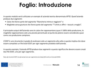 Co-funded by the Intelligent
Energy Europe Programme of
the European Union 14
Foglio: Introduzione
Introduzione – Manuale
In questo modulo verrà utilizzato un esempio di azienda teorica denominata XPTO. Quest’azienda
produce due segmenti:
 Calze che fanno parte del segmento “Biancheria intima e reggiseni” e
 Magliette senza giunture che fanno parte del segmento “T-shirts e affini – tessuti a maglia”.
Il principale output dell’azienda sono le calze che rappresentano quasi il 100% della produzione, le
magliette rappresentano solo una piccola percentuale al punto da potere essere considerate quasi
come una produzione campione.
L’EDST è uno strumento in grado di analizzare solo un segmento alla volta e questo implica che deve
essere compilato un file Excel EDST per ogni segmento prodotto dall’azienda.
In questo esempio, l’azienda XPTO produce due segmenti e questo significa che devono essere creati
due file EDST, uno per ogni segmento.
Nota: gli strumenti EDST con gli esempi (uno per segmento) sono disponibili anche sul sito web SESEC.
 