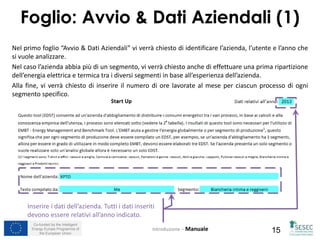 Co-funded by the Intelligent
Energy Europe Programme of
the European Union 15
Nel primo foglio “Avvio & Dati Aziendali” vi verrà chiesto di identificare l’azienda, l’utente e l’anno che
si vuole analizzare.
Nel caso l’azienda abbia più di un segmento, vi verrà chiesto anche di effettuare una prima ripartizione
dell’energia elettrica e termica tra i diversi segmenti in base all’esperienza dell’azienda.
Alla fine, vi verrà chiesto di inserire il numero di ore lavorate al mese per ciascun processo di ogni
segmento specifico.
Foglio: Avvio & Dati Aziendali (1)
Introduzione – Manuale
Inserire i dati dell’azienda. Tutti i dati inseriti
devono essere relativi all’anno indicato.
 