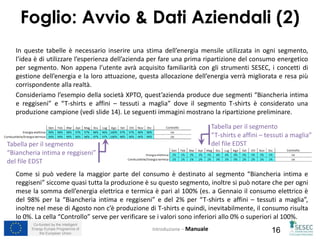 Co-funded by the Intelligent
Energy Europe Programme of
the European Union 16
In queste tabelle è necessario inserire una stima dell’energia mensile utilizzata in ogni segmento,
l’idea è di utilizzare l’esperienza dell’azienda per fare una prima ripartizione del consumo energetico
per segmento. Non appena l’utente avrà acquisito familiarità con gli strumenti SESEC, i concetti di
gestione dell’energia e la loro attuazione, questa allocazione dell’energia verrà migliorata e resa più
corrispondente alla realtà.
Consideriamo l’esempio della società XPTO, quest’azienda produce due segmenti “Biancheria intima
e reggiseni” e “T-shirts e affini – tessuti a maglia” dove il segmento T-shirts è considerato una
produzione campione (vedi slide 14). Le seguenti immagini mostrano la ripartizione preliminare.
Foglio: Avvio & Dati Aziendali (2)
Introduzione – Manuale
Tabella per il segmento
“Biancheria intima e reggiseni”
del file EDST
Tabella per il segmento
“T-shirts e affini – tessuti a maglia”
del file EDST
Come si può vedere la maggior parte del consumo è destinato al segmento “Biancheria intima e
reggiseni” siccome quasi tutta la produzione è su questo segmento, inoltre si può notare che per ogni
mese la somma dell’energia elettrica e termica è pari al 100% (es. a Gennaio il consumo elettrico è
del 98% per la “Biancheria intima e reggiseni” e del 2% per “T-shirts e affini – tessuti a maglia”,
inoltre nel mese di Agosto non c’è produzione di T-shirts e quindi, inevitabilmente, il consumo risulta
lo 0%. La cella “Controllo” serve per verificare se i valori sono inferiori allo 0% o superiori al 100%.
 
