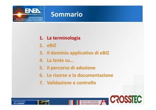 Sommario
1. La terminologia
2. eBIZ
3. Il dominio applicativo di eBIZ
4. La lente su…
5. Il percorso di adozione
6. Le risorse e la documentazione
7. Validazione e controllo
 