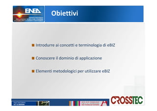 Obiettivi
Introdurre ai concetti e terminologia di eBIZ
Conoscere il dominio di applicazione
Elementi metodologici per uti...